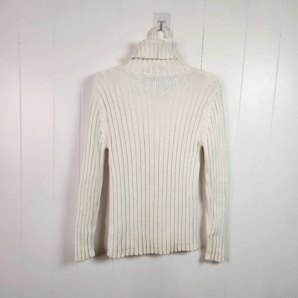 Vintage 90s White Turtleneck Cable Knit Long Sleeve Sweater 1990s Cotton Preppy - Picture 6 of 9